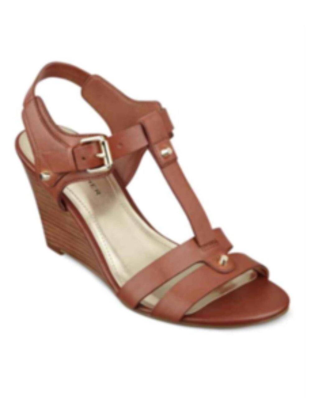 Marc Fisher Cassy T Strap Wedge Sandal Cognac Brown 7.5